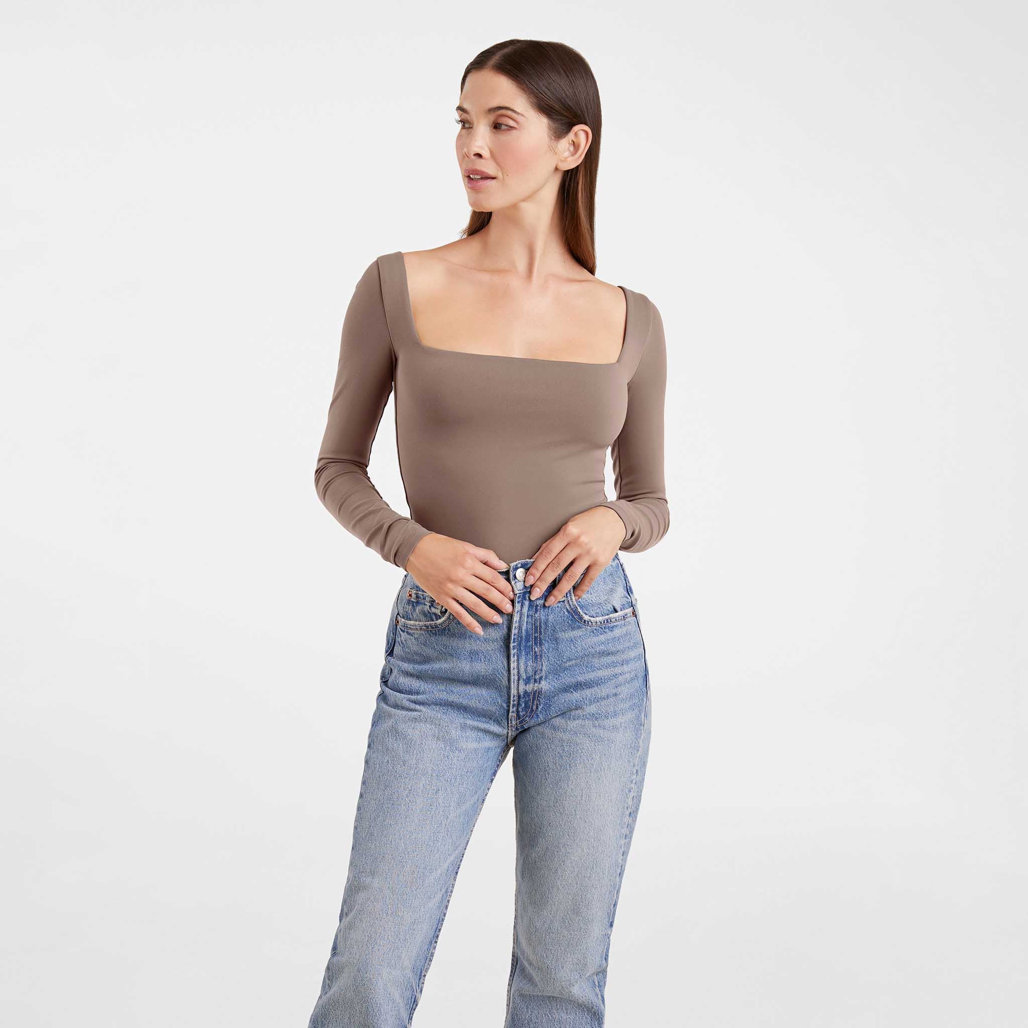 Long Sleeve Wide Square Neck Bodysuit | Mocha