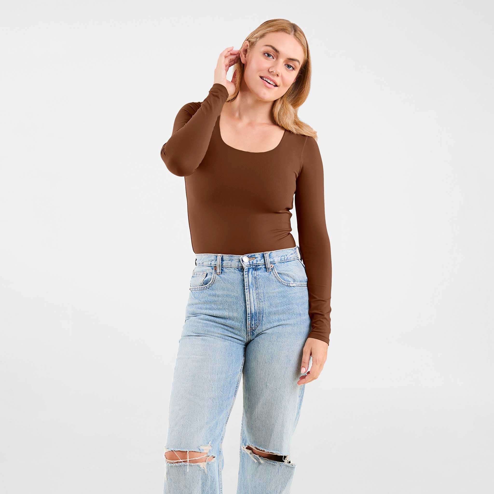 Long Sleeve Square Neck Bodysuit | Chocolate