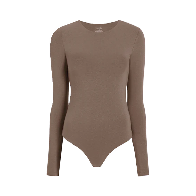 Cotton Stretch Long Sleeve Crewneck Bodysuit | Mocha