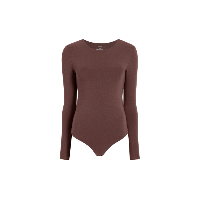Cotton Stretch Long Sleeve Crewneck Bodysuit | Coffee