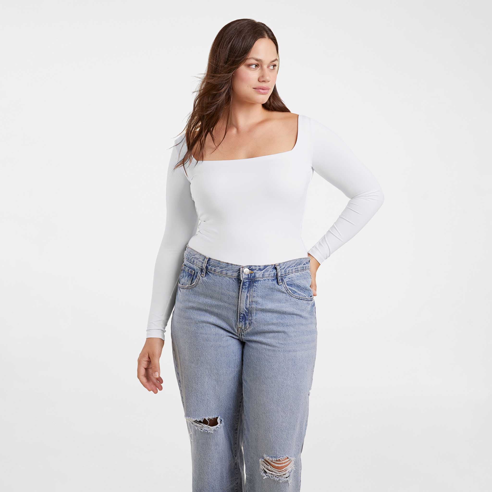 Long Sleeve Wide Square Neck Bodysuit | White