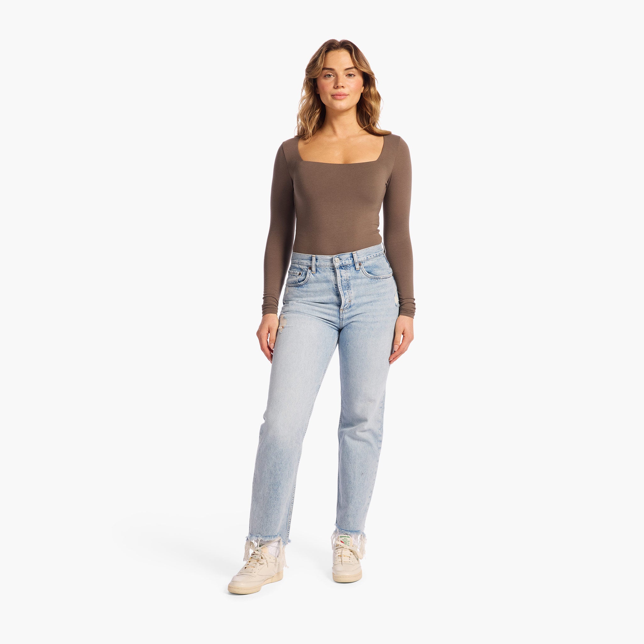 Cotton Stretch Long Sleeve Square Neck Bodysuit