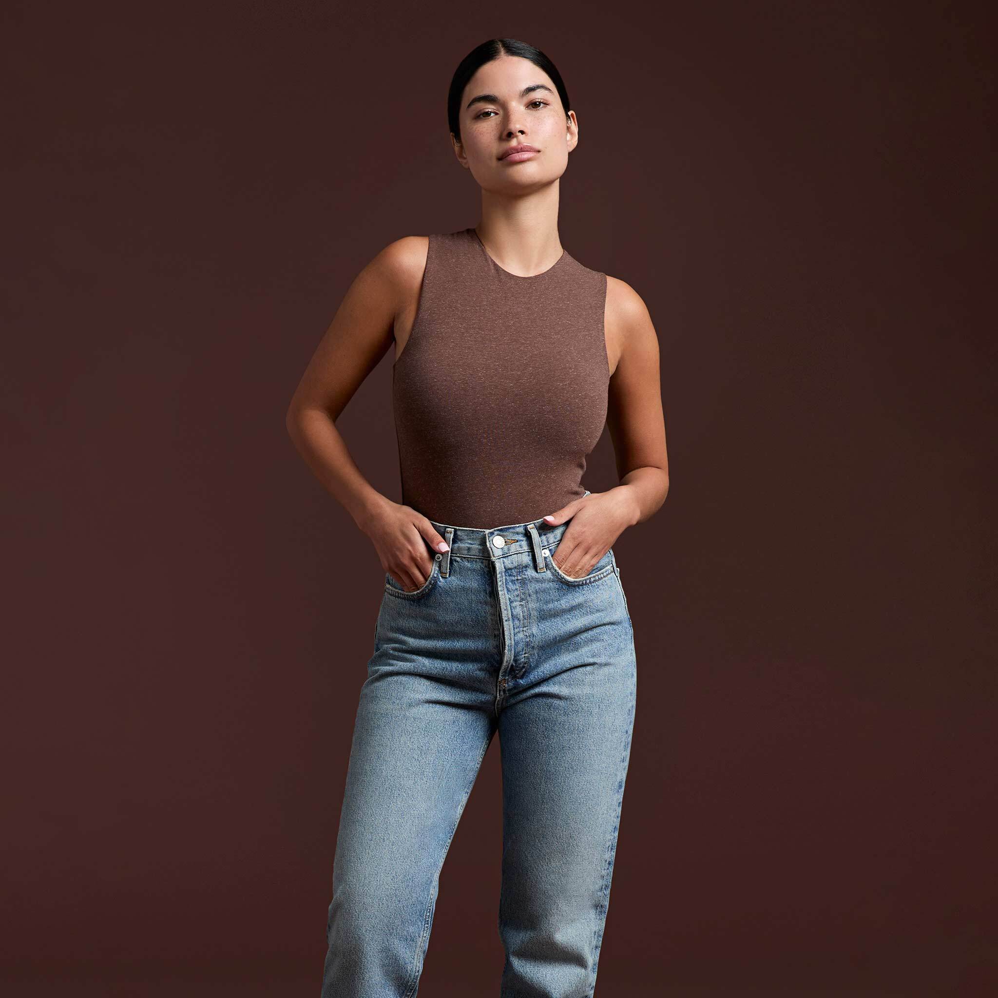 Cotton Stretch Classic Crewneck Tank Bodysuit | Heather Coffee