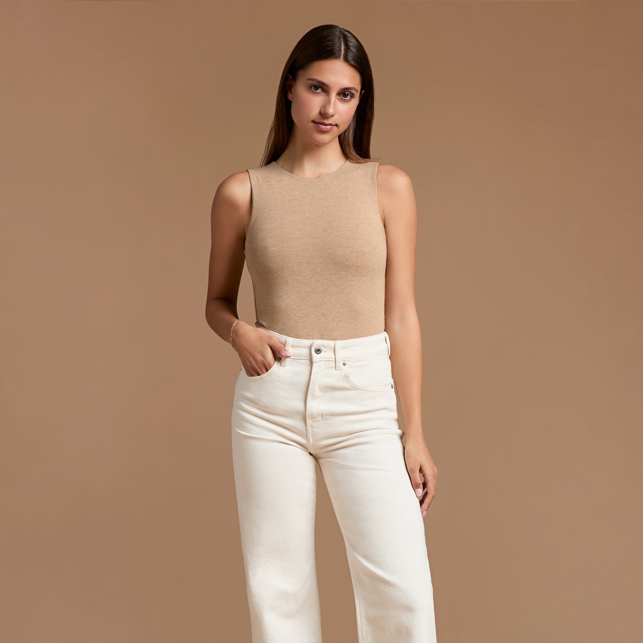 Cotton Stretch Classic Crewneck Tank Bodysuit | Heather Cinnamon